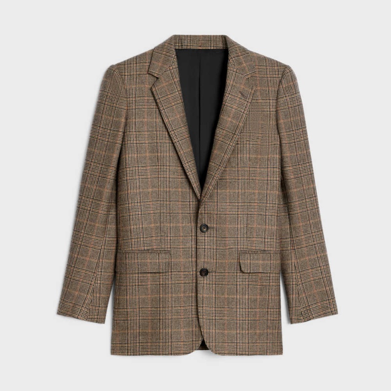 Camel/Noisette/Noir Celine long in prince of wales cashmere Jackets | CL-592655