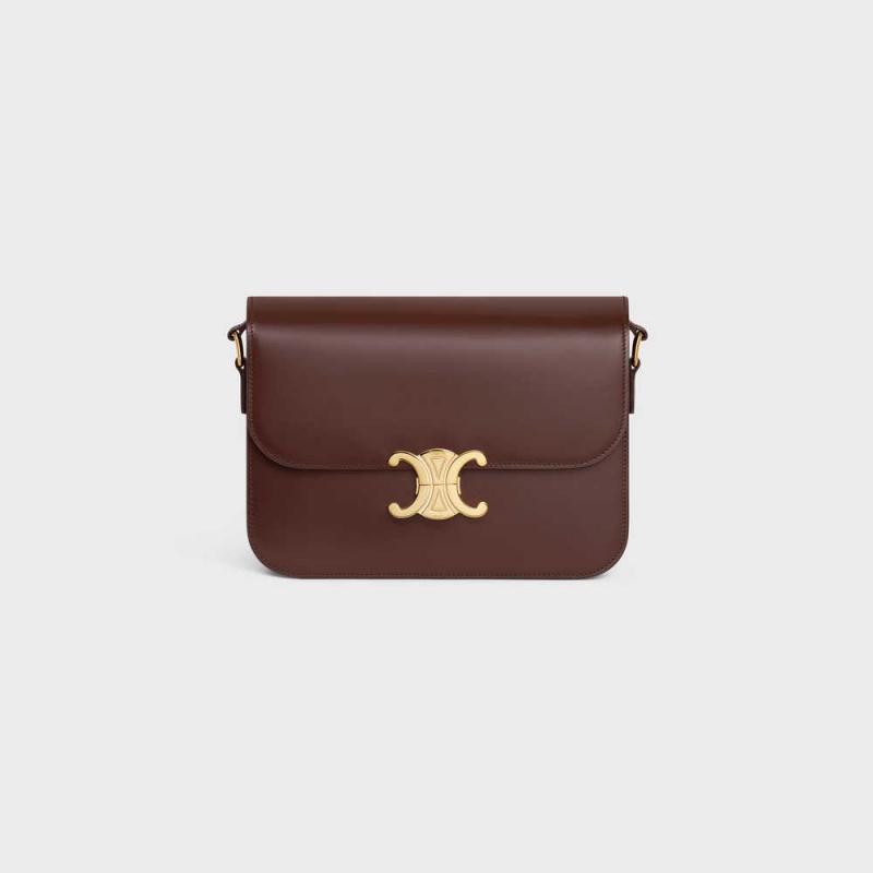 Chestnut Celine Classique Bag in shiny calfskin Triomphe | CL-593177