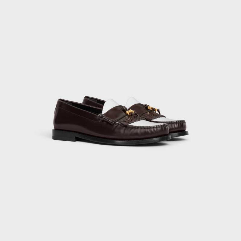 Dark Brown/White Celine LUCO WITH TRIOMPHE TASSELS in POLISHED BULLSKIN Loafers | CL-592529