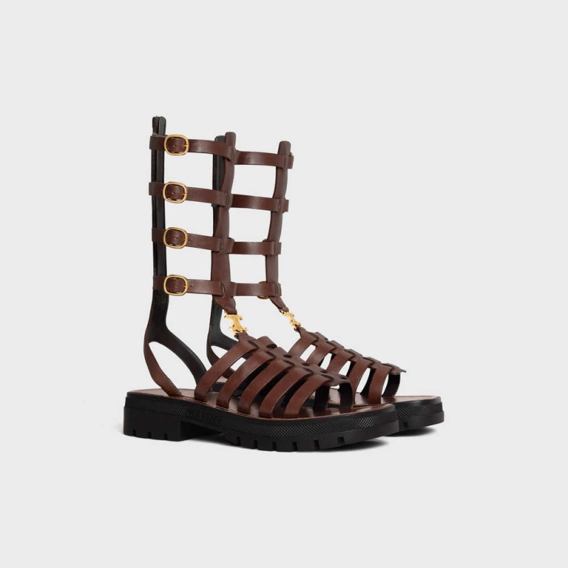 Dark Brown Celine CLEA TRIOMPHE GLADIATOR MID in CALFSKIN & VEGETAL TANNING Sandals | CL-592576