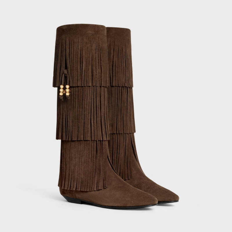 Dark Brown Celine IRINA HIGH WITH FRINGES & EMBELLISHED TASSELS in Suede calfskin Boots | CL-592519