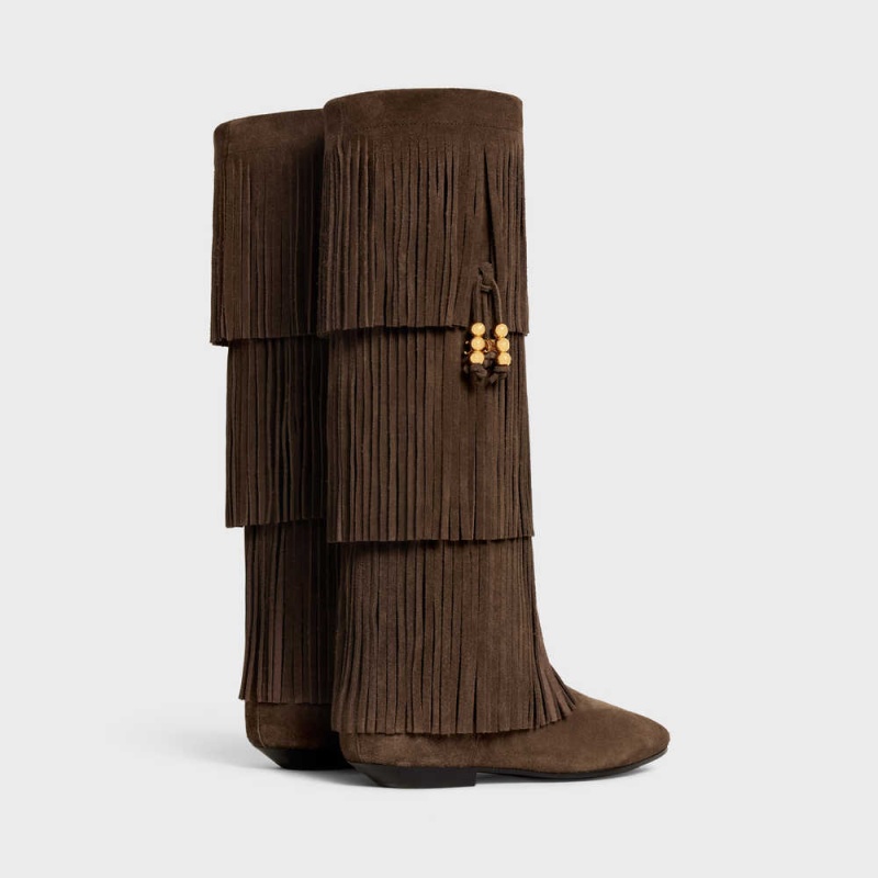 Dark Brown Celine IRINA HIGH WITH FRINGES & EMBELLISHED TASSELS in Suede calfskin Boots | CL-592519