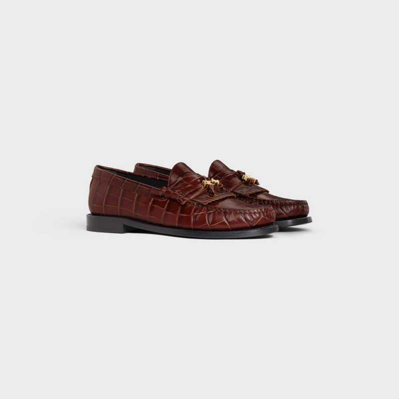 Dark Brown Celine LUCO WITH TRIOMPHE TASSELS in CROCODILE STAMPED CALFSKIN Loafers | CL-592528