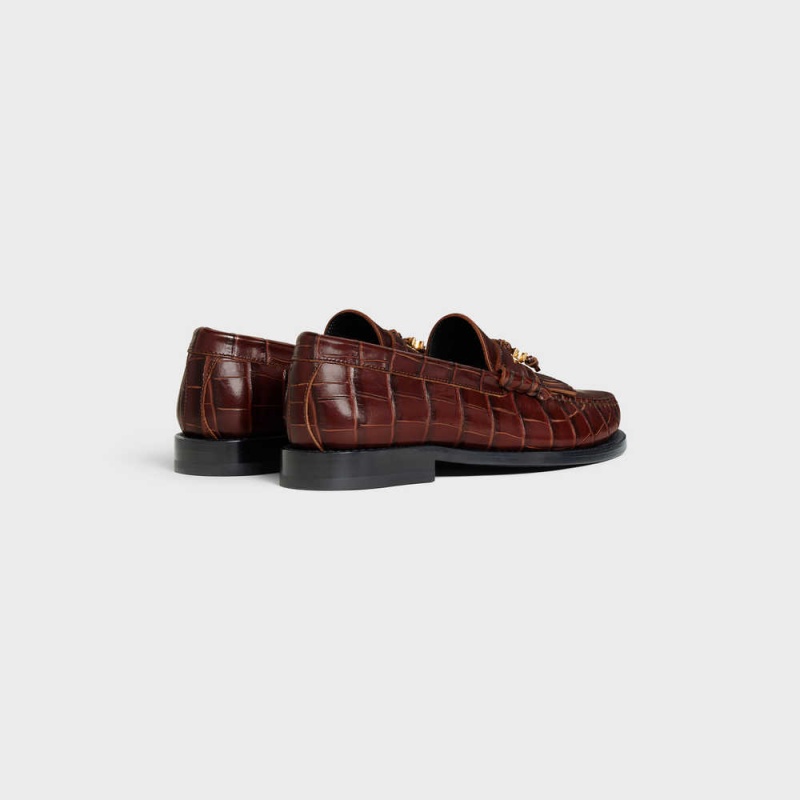 Dark Brown Celine LUCO WITH TRIOMPHE TASSELS in CROCODILE STAMPED CALFSKIN Loafers | CL-592528