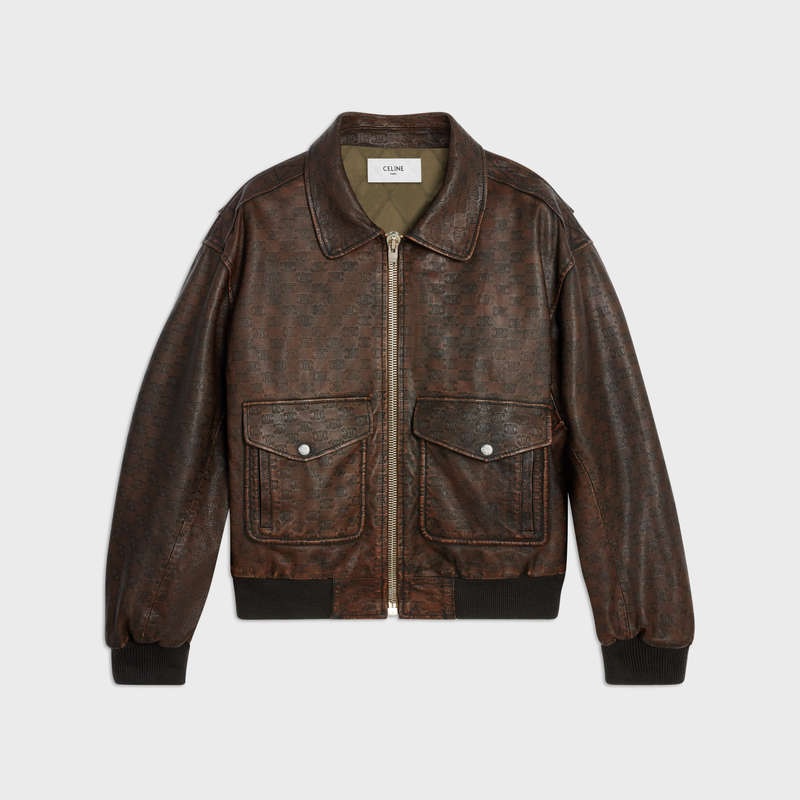 Dark Brown Celine aviator blouson in embossed Leather | CL-591928