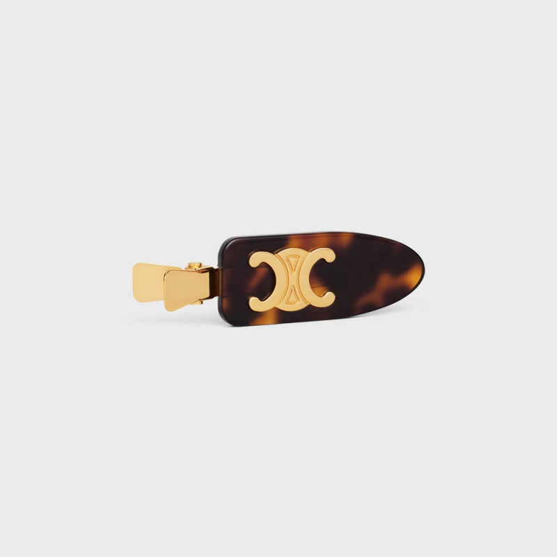 Dark Havana / Gold Celine Triomphe Flat Hair Clip in Dark Havana Acetate and Brass with Gold Finish and Steel Hair Accessories | CL-592322