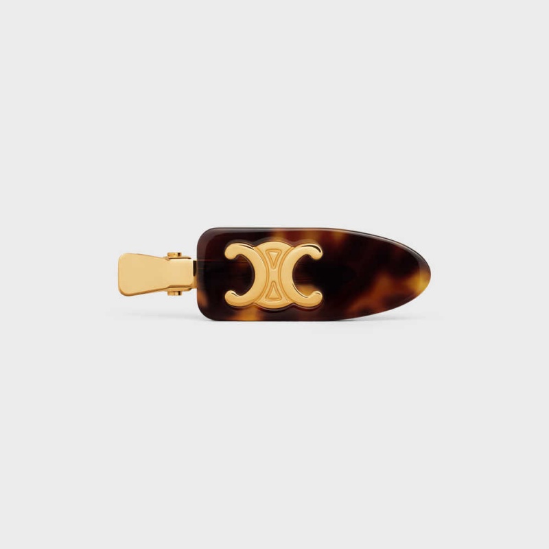 Dark Havana / Gold Celine Triomphe Flat Hair Clip in Dark Havana Acetate and Brass with Gold Finish and Steel Hair Accessories | CL-592322