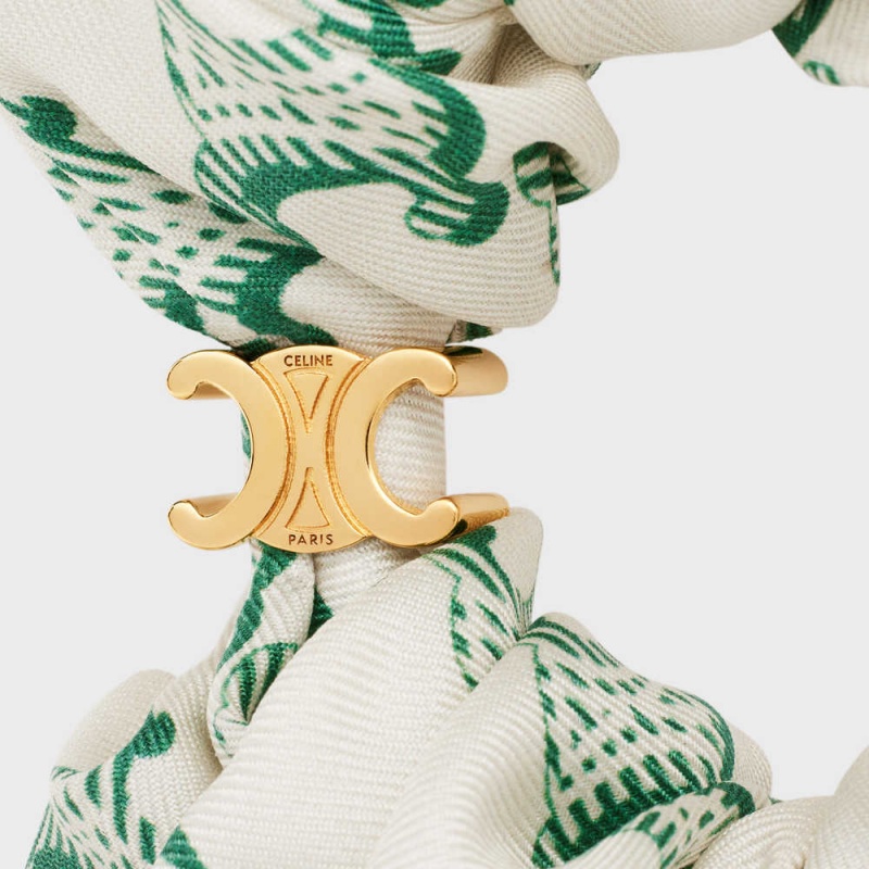 Gold/White/Green Celine Scrunchy Triomphe in Brass with Gold Finish and Silk Hair Accessories | CL-592331