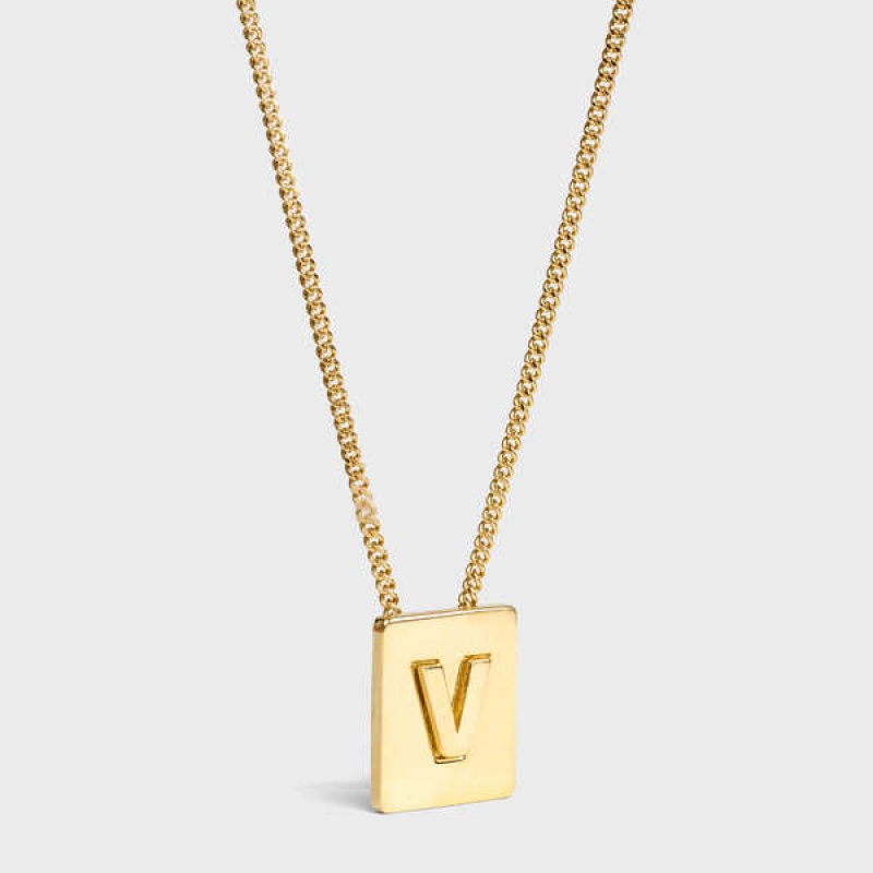 Gold Celine Alphabet V in Brass with Gold finish Necklaces | CL-592285