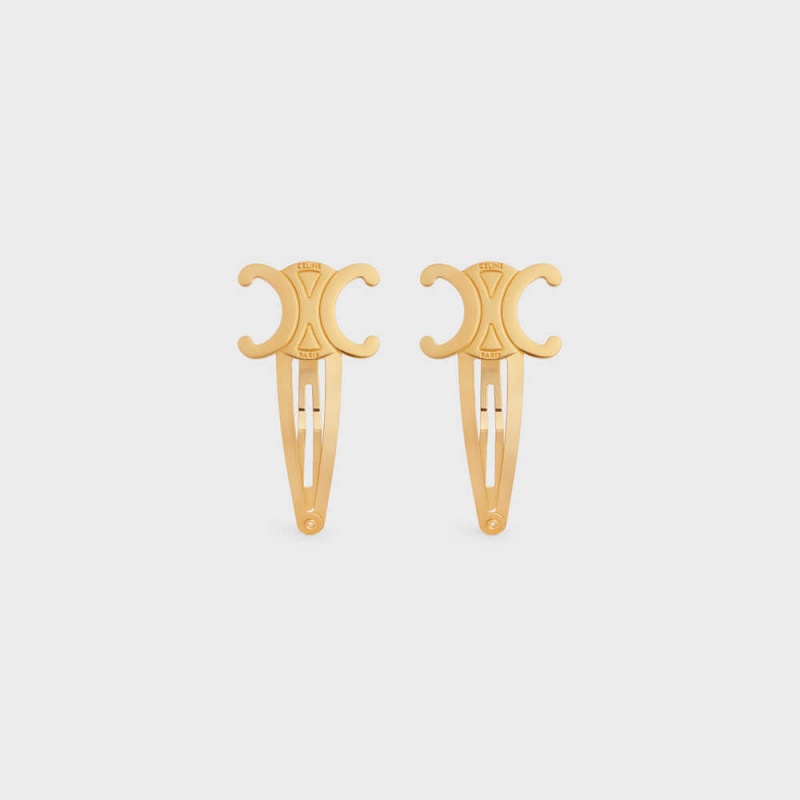 Gold Celine Hair Accessories Set of 2 Triomphe Snap Hair Clips in Brass with Gold Finish and Steel Hair Accessories | CL-592316