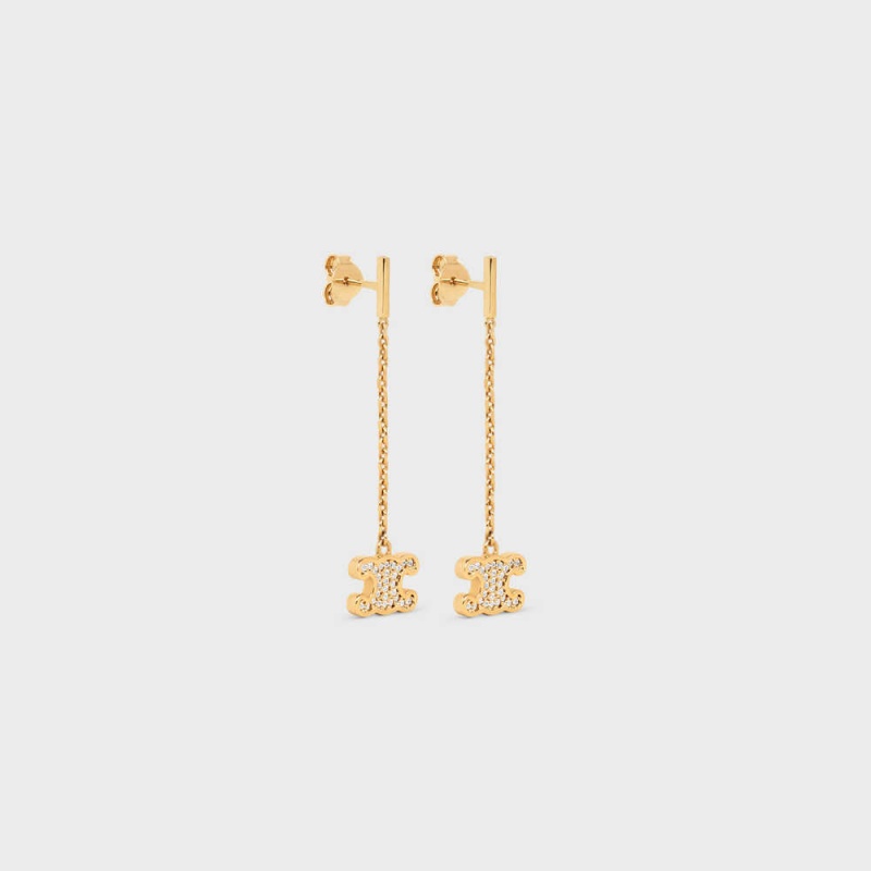 Gold Celine Triomphe Rhinestone Long in Brass with Gold Finish and Crystals Earrings | CL-592302