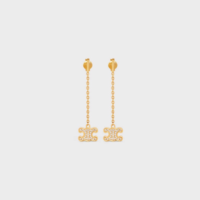 Gold Celine Triomphe Rhinestone Long in Brass with Gold Finish and Crystals Earrings | CL-592302