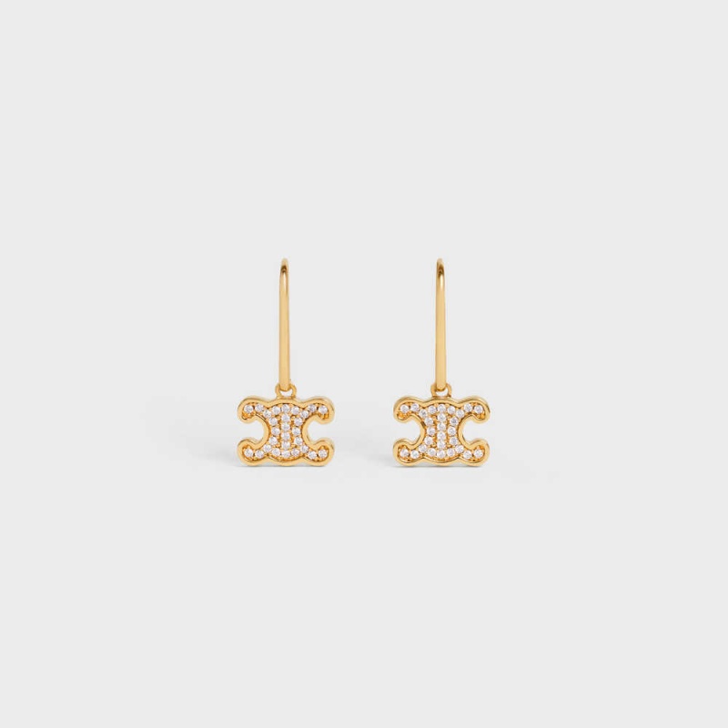 Gold Celine Triomphe Rhinestone in Brass with Gold Finish and Crystals Earrings | CL-592303