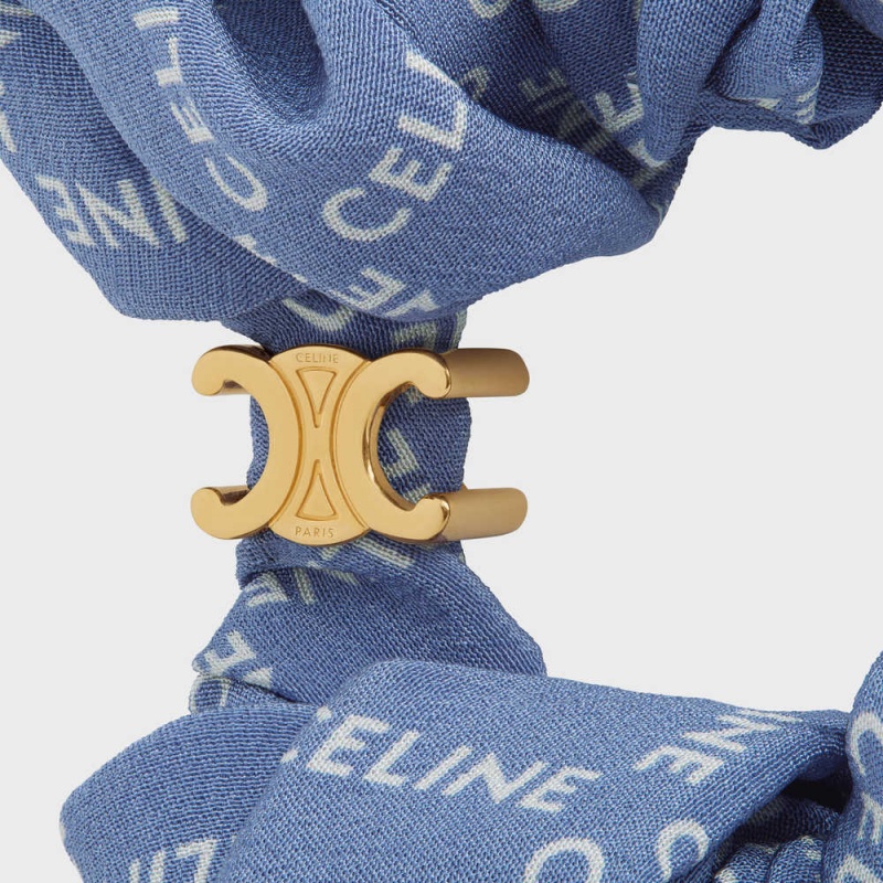 Gold / Blue Celine Scrunchy Square in Brass with Gold Finish and Blue Silk Hair Accessories | CL-592329