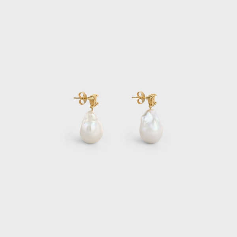 Gold / Ivory Celine Baroque Triomphe in Brass with Gold Finish and Cultured Pearls Earrings | CL-592299