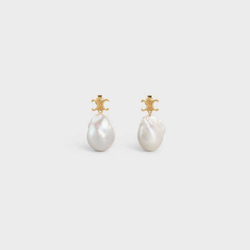 Gold / Ivory Celine Baroque Triomphe in Brass with Gold Finish and Cultured Pearls Earrings | CL-592299