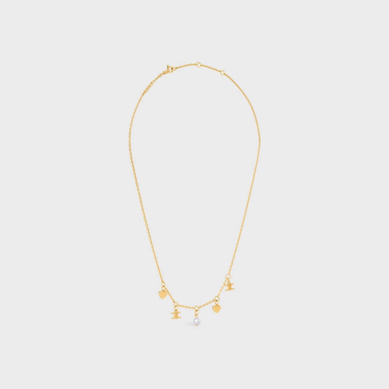 Gold / Ivory Celine Cœur Charms in Brass with Gold Finish and Resin Pearl Necklaces | CL-592242