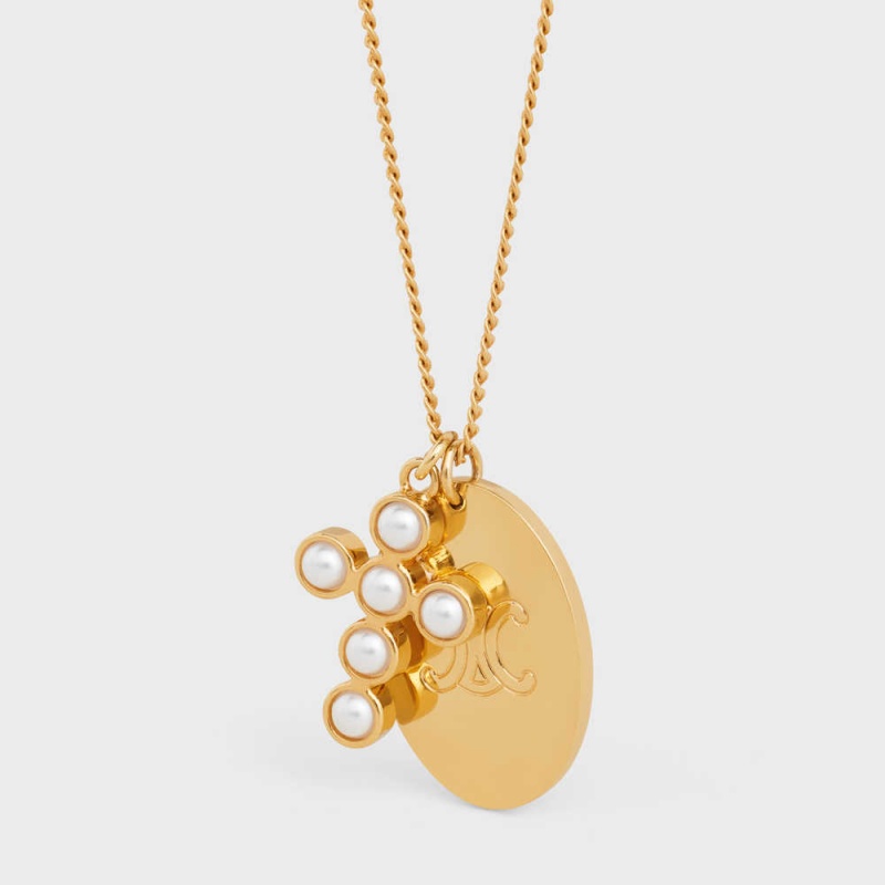 Gold / Ivory Celine Triomphe Folk Pearl in Brass with Gold Finish and Resin Pearls Necklaces | CL-592257