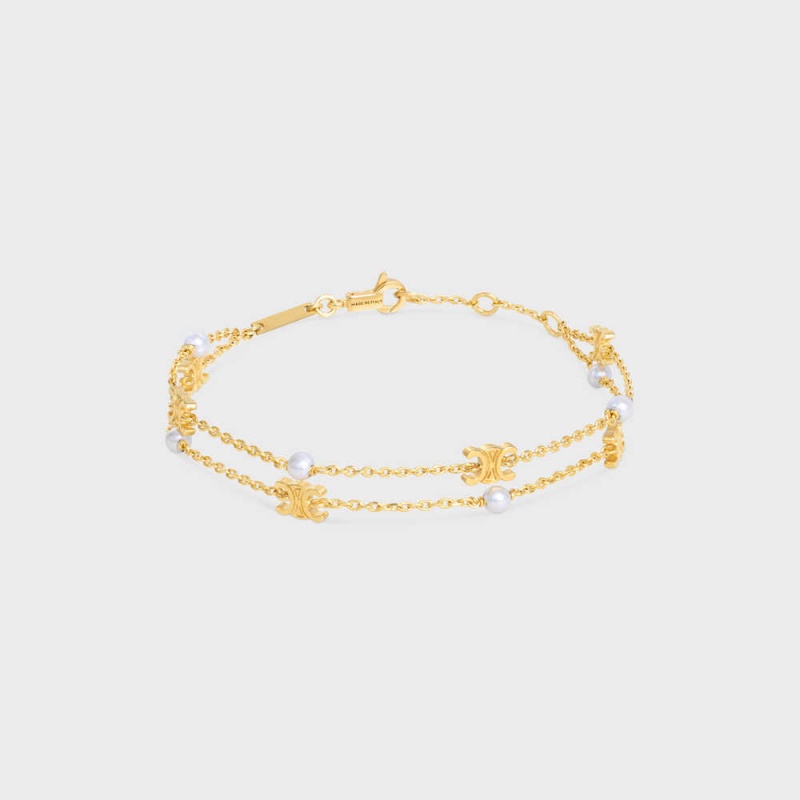 Gold / Ivory Celine Triomphe Pearl Double in Brass with Gold Finish and Resin Pearls Bracelets | CL-592236