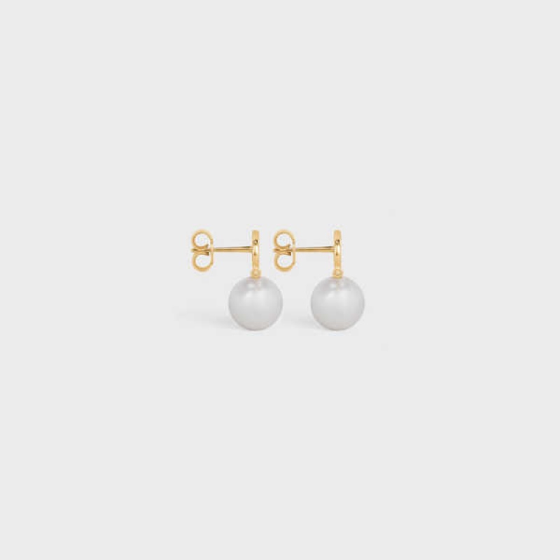 Gold / Ivory Celine Triomphe Pearl in Brass with Gold Finish and Glass Pearls Earrings | CL-592298