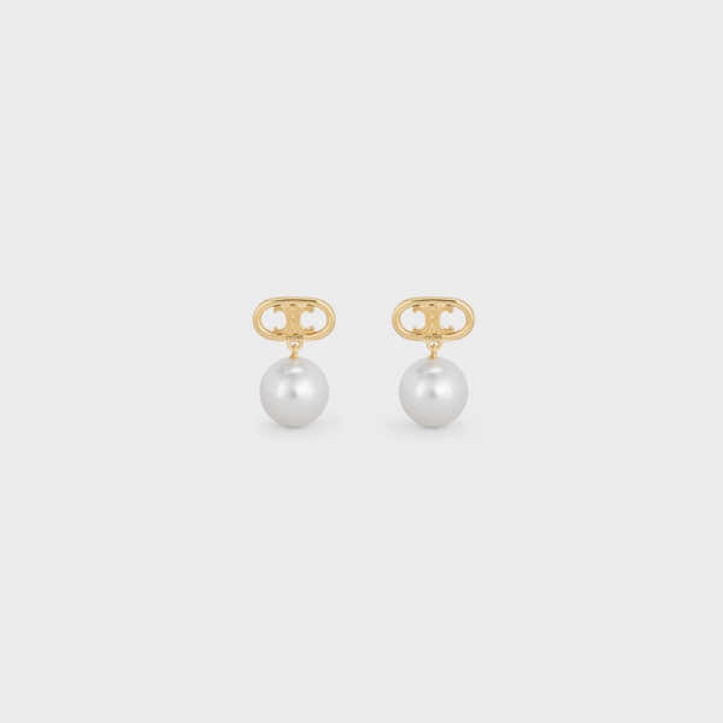 Gold / Ivory Celine Triomphe Pearl in Brass with Gold Finish and Glass Pearls Earrings | CL-592298