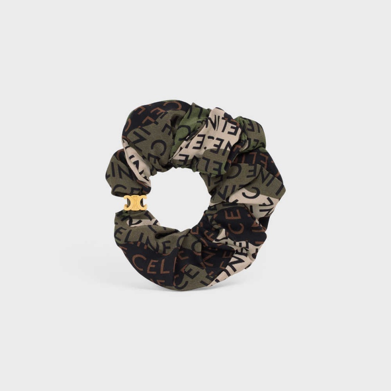 Gold / Khaki Celine Scrunchy Camouflage in Brass with Gold Finish and Khaki Silk Hair Accessories | CL-592326