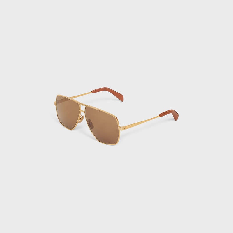 Gold / Nicotine Celine Metal Frame 25 in Metal with Leather Sunglasses | CL-591756