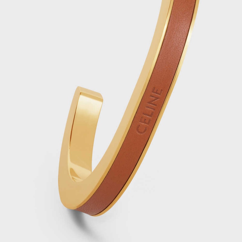 Gold / Tan Celine Formes Simples Leather Cuff in Brass with Gold Finish and Calfskin Bracelets | CL-592214