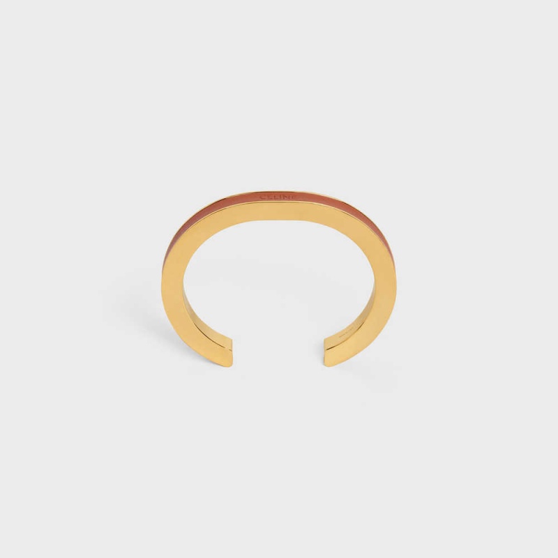 Gold / Tan Celine Formes Simples Leather Cuff in Brass with Gold Finish and Calfskin Bracelets | CL-592214