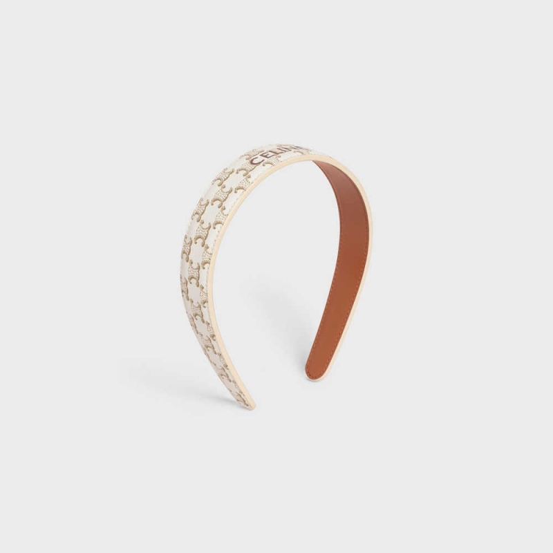 Gold / White Celine Headband in Triomphe Canvas and Calfskin Hair Accessories | CL-592338