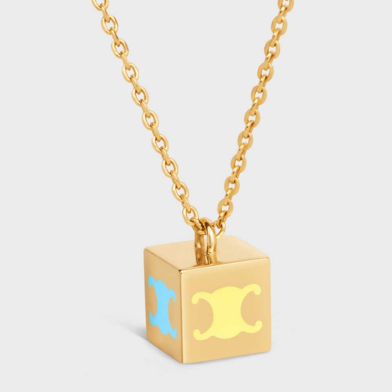 Gold & Multicolour Celine Triomphe Cube in Brass with Gold Finish and Colored Enamel Necklaces | CL-592256