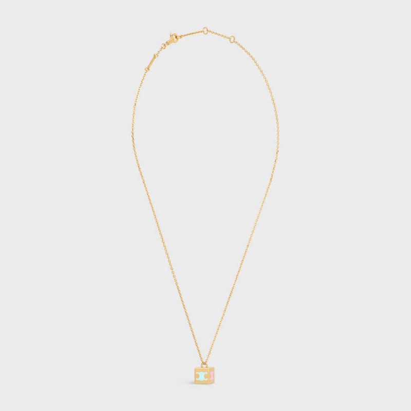 Gold & Multicolour Celine Triomphe Cube in Brass with Gold Finish and Colored Enamel Necklaces | CL-592256