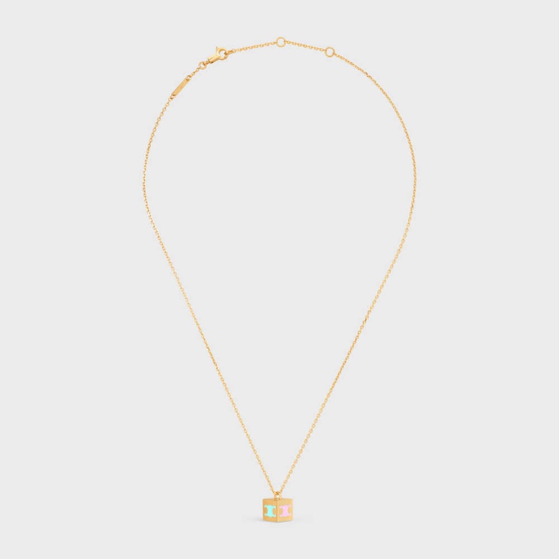 Gold & Multicolour Celine Triomphe Cube in Brass with Gold Finish and Colored Enamel Necklaces | CL-592256