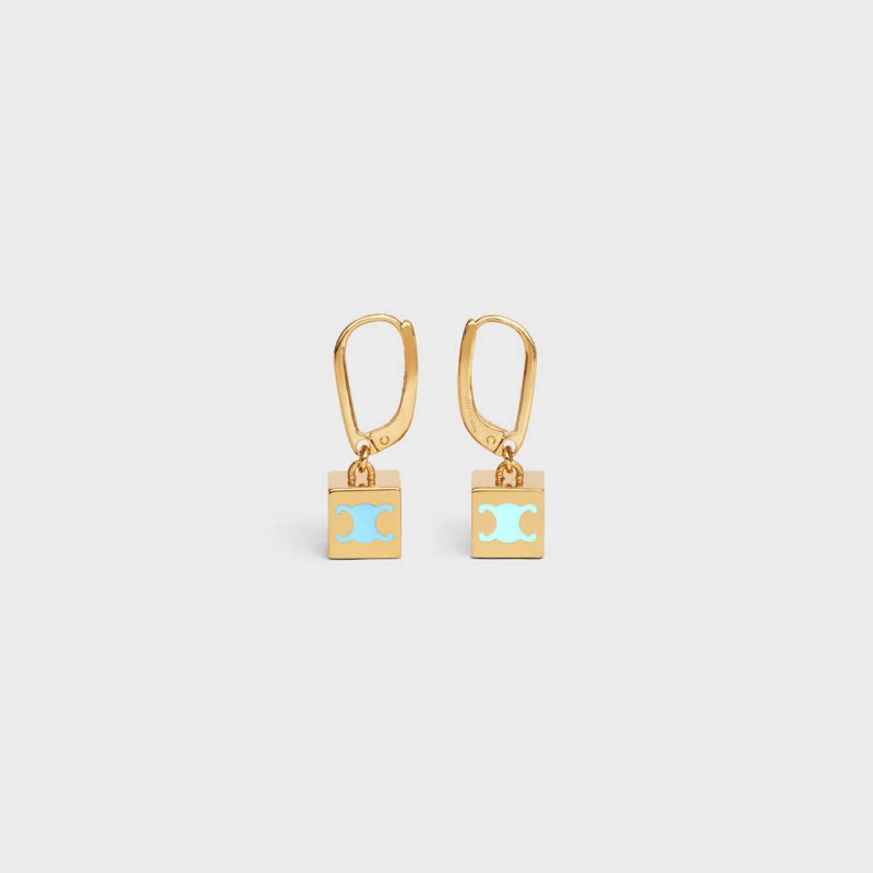 Gold & Multicolour Celine Triomphe Cube in Brass with Gold Finish and Colored Enamel Earrings | CL-592304