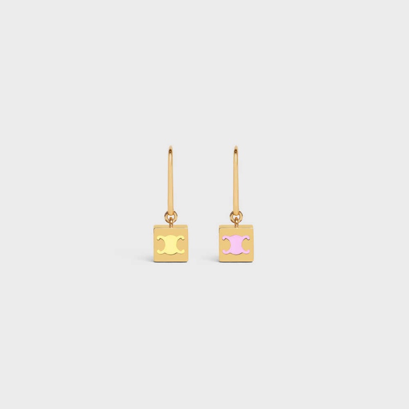 Gold & Multicolour Celine Triomphe Cube in Brass with Gold Finish and Colored Enamel Earrings | CL-592304