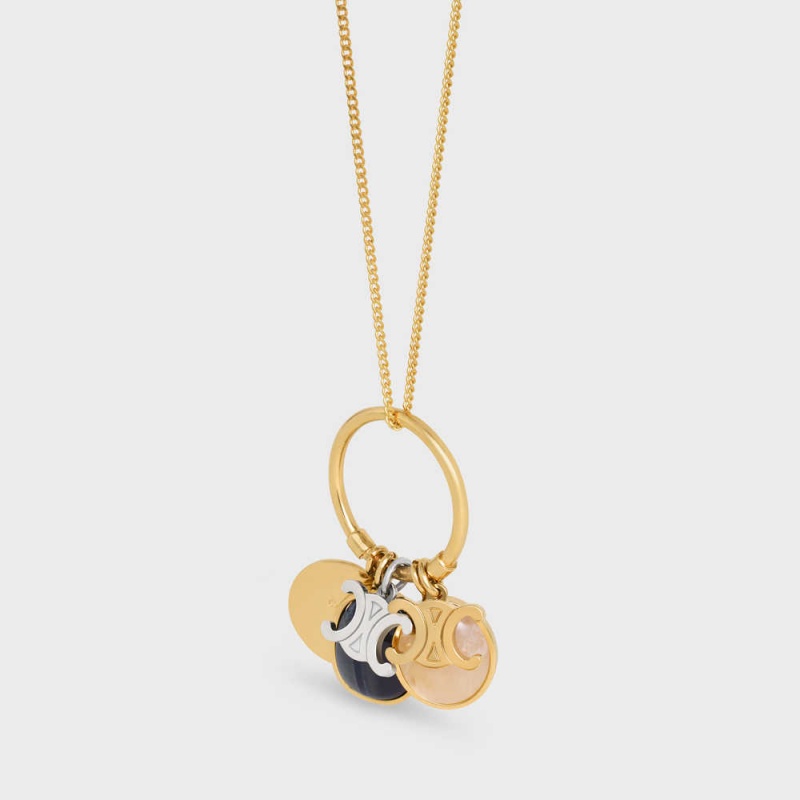 Gold & Multicolour Celine Triomphe Indie Charms in Brass with Gold and Silver Finish, Rutilated Quartz and Hawk Eye Necklaces | CL-592239