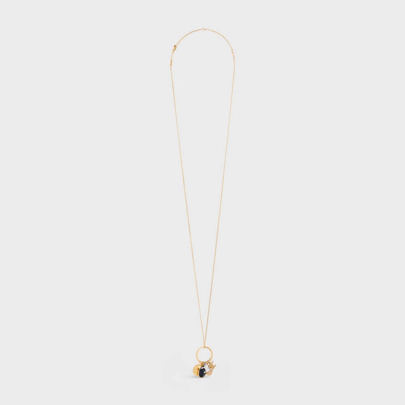 Gold & Multicolour Celine Triomphe Indie Charms in Brass with Gold and Silver Finish, Rutilated Quartz and Hawk Eye Necklaces | CL-592239