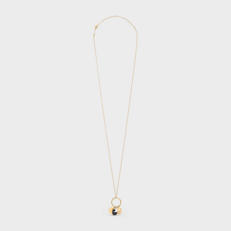 Gold & Multicolour Celine Triomphe Indie Charms in Brass with Gold and Silver Finish, Rutilated Quartz and Hawk Eye Necklaces | CL-592239