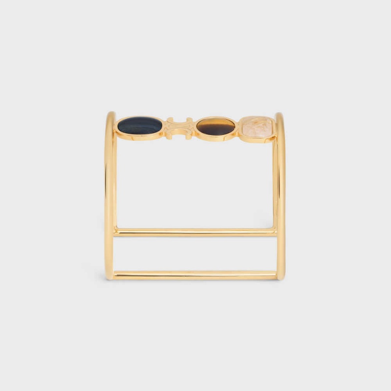 Gold & Multicolour Celine Triomphe Indie Cuff in Brass with Gold Finish, Rutilated Quartz, Tiger Eye and Hawk Eye Bracelets | CL-592197