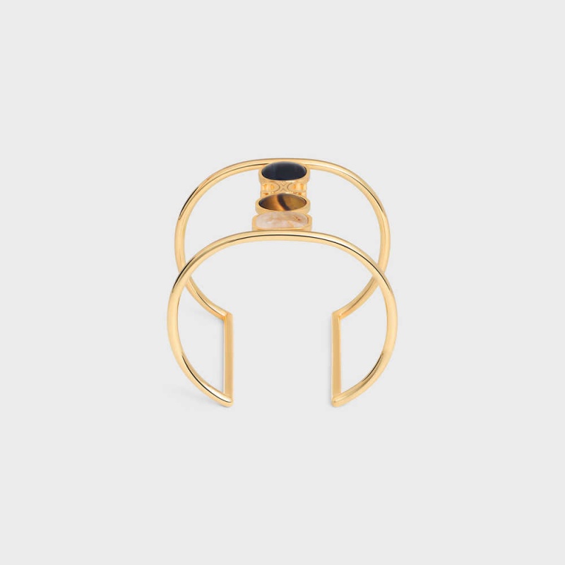 Gold & Multicolour Celine Triomphe Indie Cuff in Brass with Gold Finish, Rutilated Quartz, Tiger Eye and Hawk Eye Bracelets | CL-592197