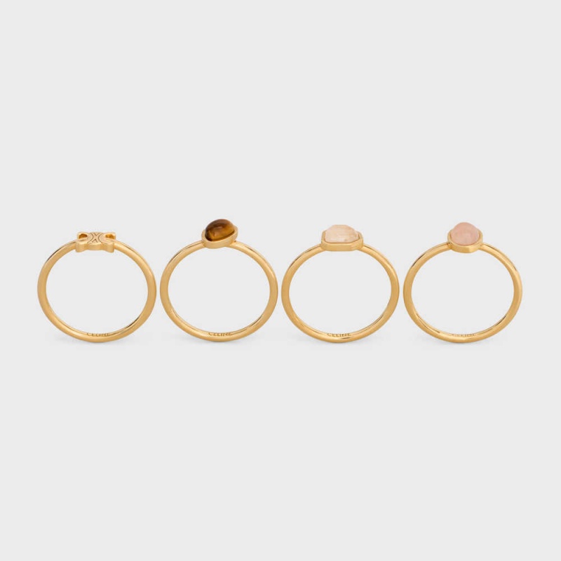 Gold & Multicolour Celine Triomphe Indie Set of 4 Rings in Brass with Gold Finish, Rutilated Quartz, Pink Quartz and Tiger Eye Rings | CL-592181