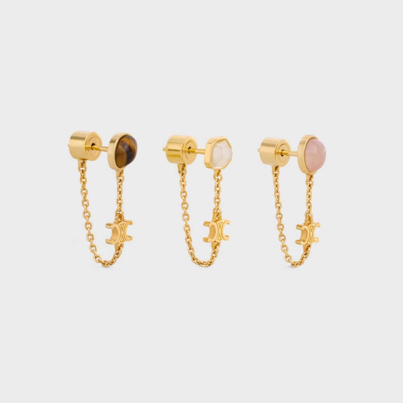 Gold & Multicolour Celine Triomphe Indie Set of 3 in Brass with Gold Finish, Rutilated Quartz, Pink Quartz and Tiger Eye Earrings | CL-592294