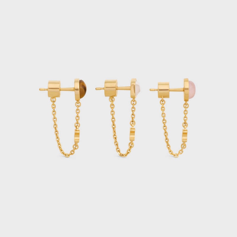 Gold & Multicolour Celine Triomphe Indie Set of 3 in Brass with Gold Finish, Rutilated Quartz, Pink Quartz and Tiger Eye Earrings | CL-592294