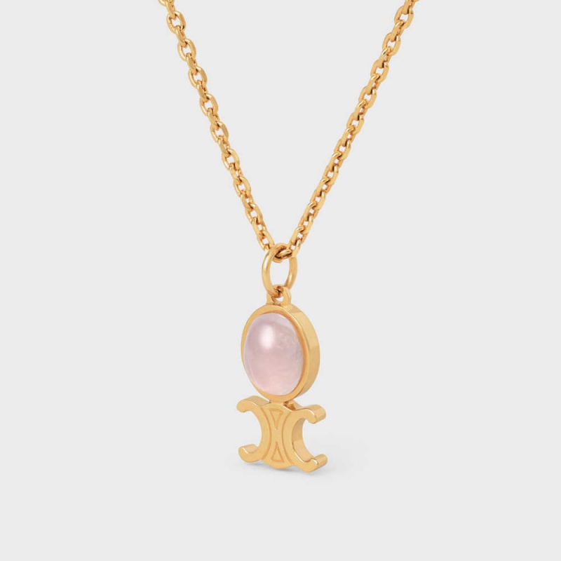 Gold & Pink Quartz Celine Triomphe Indie Small in Brass with Gold Finish and Pink Quartz Necklaces | CL-592240