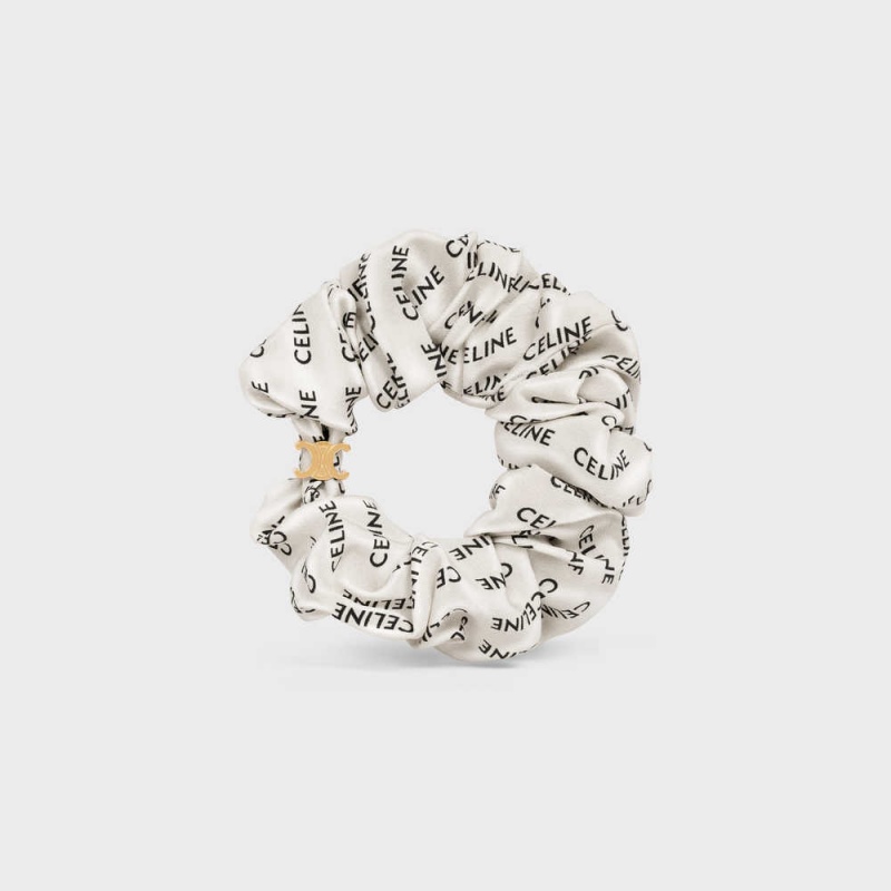 Gold & White Celine Scrunchy Rayure in Brass with Gold finish and Silk Hair Accessories | CL-592328