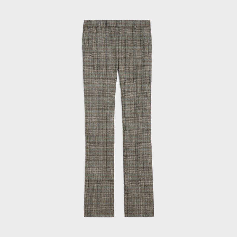 IVOIRE/GRIS/TOFEE Celine flared in prince of wales flannel Trousers | CL-592015