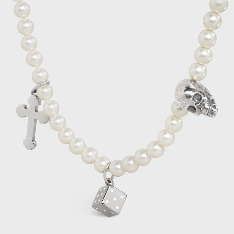 Ivory / Silver / Black Celine Monochroms Charms in Brass with Rhodium Finish, Glass Pearls and Enamel Necklaces | CL-591660