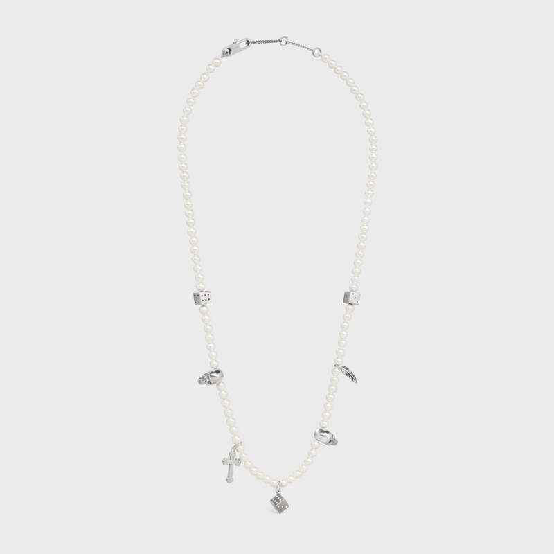 Ivory / Silver / Black Celine Monochroms Charms in Brass with Rhodium Finish, Glass Pearls and Enamel Necklaces | CL-591660