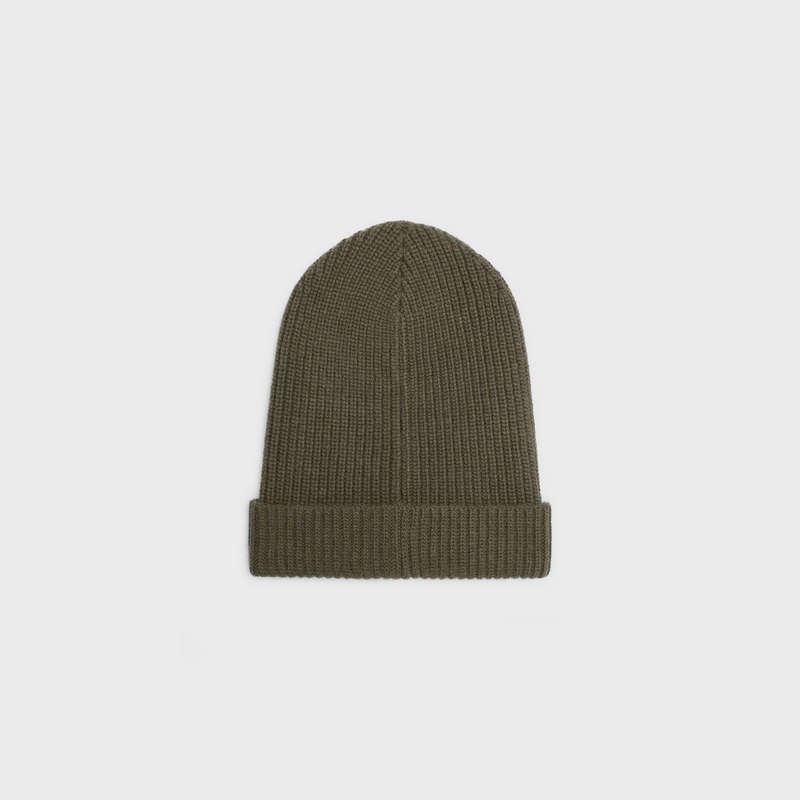 Khaki Celine EMBROIDERED BEANIE IN RIBBED FELTED WOOL Hat | CL-591716