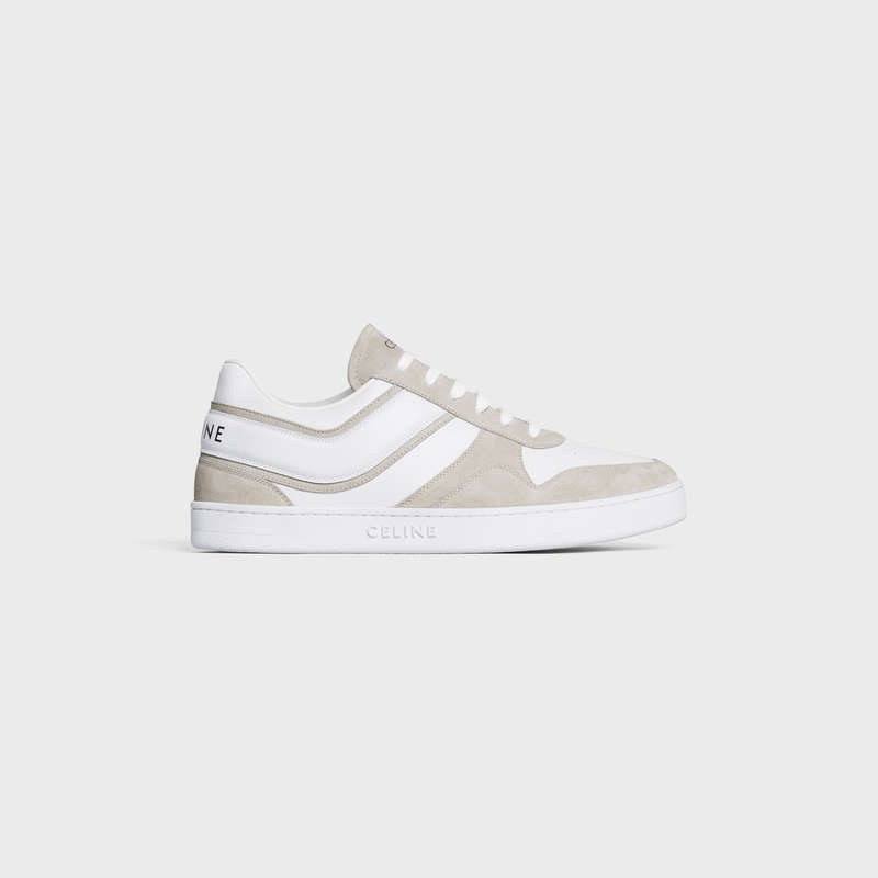 Light Beige/Optic White Celine TRAINER LOW LACE-UP in SUEDE CALFSKIN AND CALFSKIN Sneakers | CL-591902